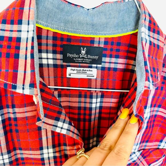 NEW PSYCHO BUNNY Blue Red White Plaid Flannel Print Button Long Sleeve Shirt M - Picture 8 of 9